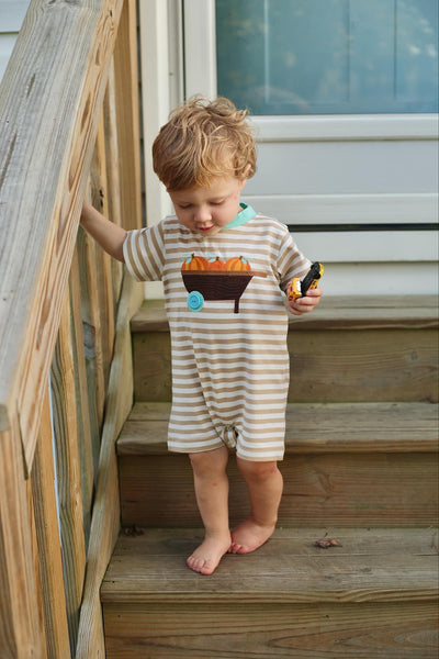 Pumpkin Harvest Boys' Tan Stripe Knit Romper with Pumpkin Wheelbarrow Applique
