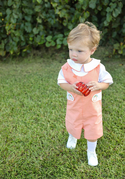 Proper Pumpkins Orange Gingham Shortall and Shirt Set with Pumpkin Embroidered Tabs