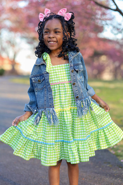 Fore! Girls' Tie Shoulder Gingham Tiered Dress
