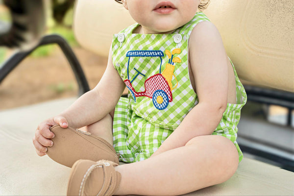 Fore! Boys' Gingham Shortall with Golf Cart Applique