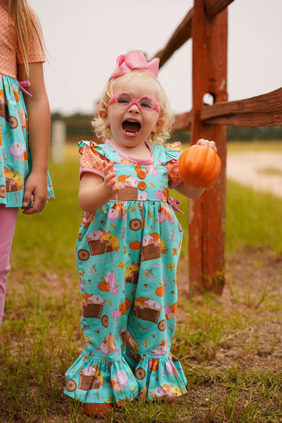 Pumpkin Harvest Girls' Fall Print Ruffle Leg Romper & Knit Blouse Set