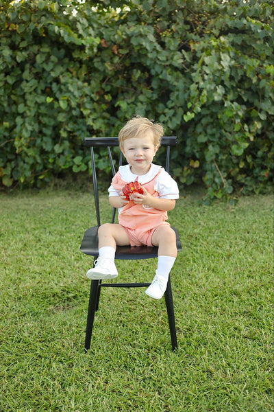 Proper Pumpkins Orange Gingham Shortall and Shirt Set with Pumpkin Embroidered Tabs