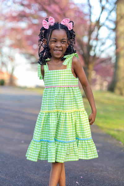 Fore! Girls' Tie Shoulder Gingham Tiered Dress