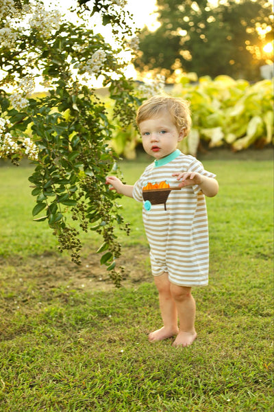 Pumpkin Harvest Boys' Tan Stripe Knit Romper with Pumpkin Wheelbarrow Applique