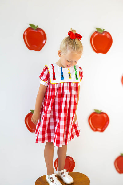 Scribble Red Gingham Bishop Collar Crayon Embroidery Dress