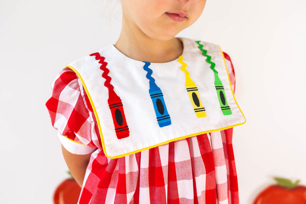 Scribble Red Gingham Bishop Collar Crayon Embroidery Dress