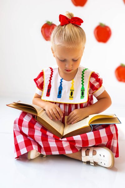 Scribble Red Gingham Bishop Collar Crayon Embroidery Dress