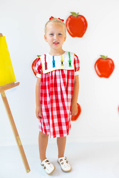 Scribble Red Gingham Bishop Collar Crayon Embroidery Dress