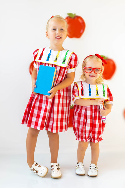 Scribble Red Gingham Bishop Collar Crayon Embroidery Dress