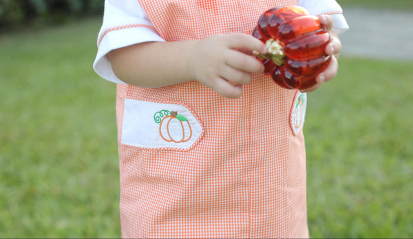 Proper Pumpkins Orange Gingham Shortall and Shirt Set with Pumpkin Embroidered Tabs