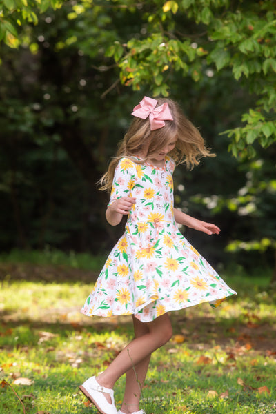 Sunflower Evenings Floral Print Knit Swing Dress with Pockets