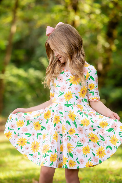 Sunflower Evenings Floral Print Knit Swing Dress with Pockets