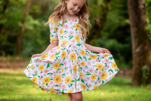 Sunflower Evenings Floral Print Knit Swing Dress with Pockets
