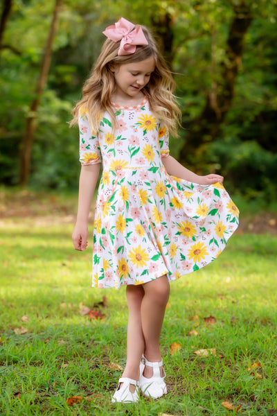 Sunflower Evenings Floral Print Knit Swing Dress with Pockets