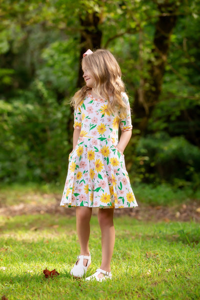 Sunflower Evenings Floral Print Knit Swing Dress with Pockets
