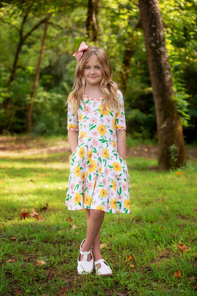 Sunflower Evenings Floral Print Knit Swing Dress with Pockets