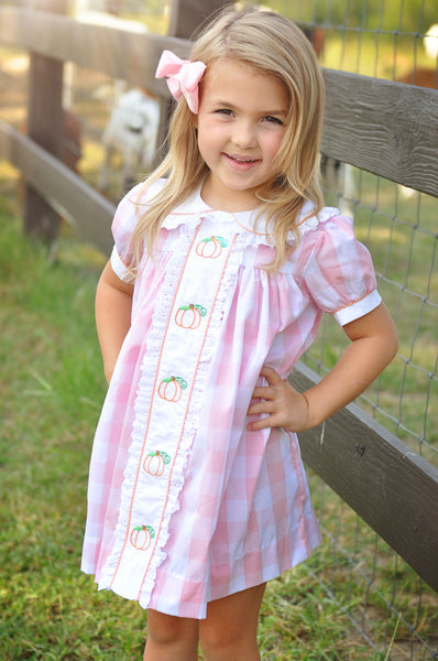 Proper Pumpkins Pink Gingham A-Line Dress with Pumpkin Embroidery