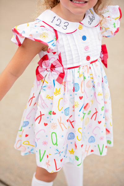 ABCs & 123s Alphabet Print Embroidered Collar Dress