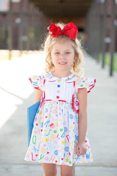 ABCs & 123s Alphabet Print Embroidered Collar Dress
