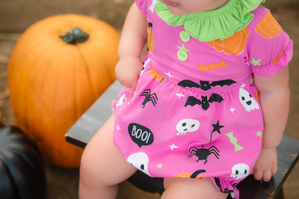 Boo! Pink Knit Halloween Print Bubble with Lime Green Ruffle Collar