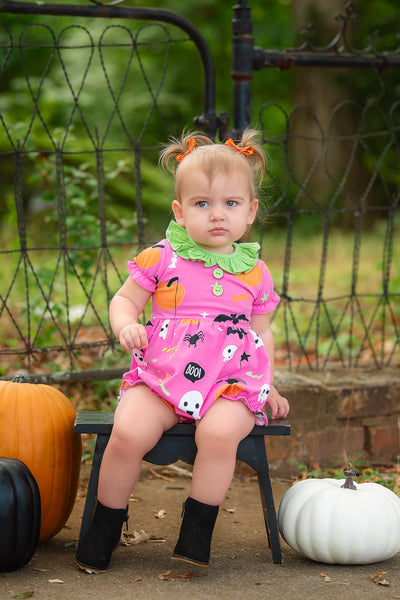 Boo! Pink Knit Halloween Print Bubble with Lime Green Ruffle Collar