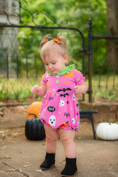 Boo! Pink Knit Halloween Print Bubble with Lime Green Ruffle Collar
