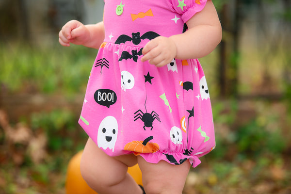 Boo! Pink Knit Halloween Print Bubble with Lime Green Ruffle Collar