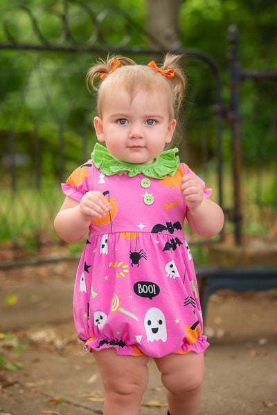 Boo! Pink Knit Halloween Print Bubble with Lime Green Ruffle Collar