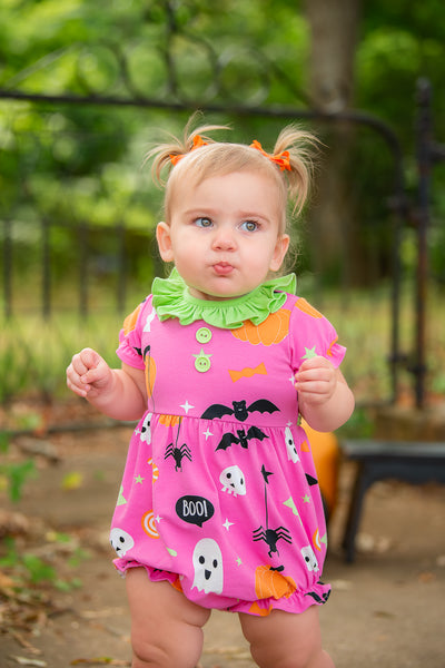 Boo! Pink Knit Halloween Print Bubble with Lime Green Ruffle Collar
