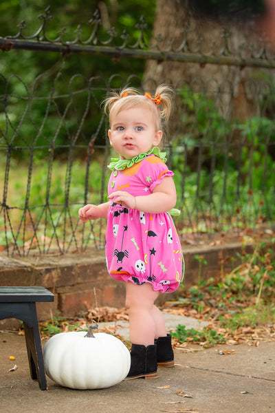 Boo! Pink Knit Halloween Print Bubble with Lime Green Ruffle Collar