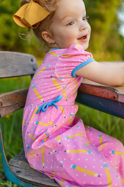 First Day Pink Knit Pencil Print Romper