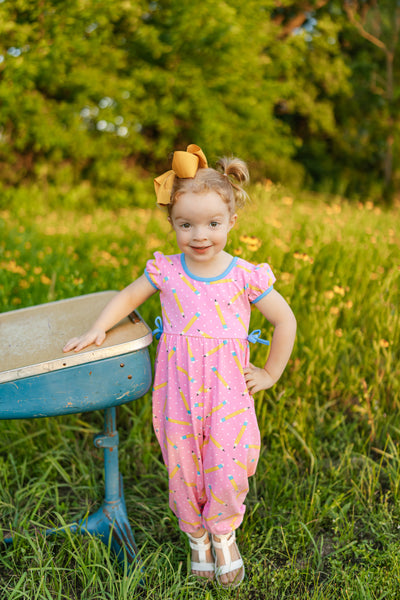 First Day Pink Knit Pencil Print Romper