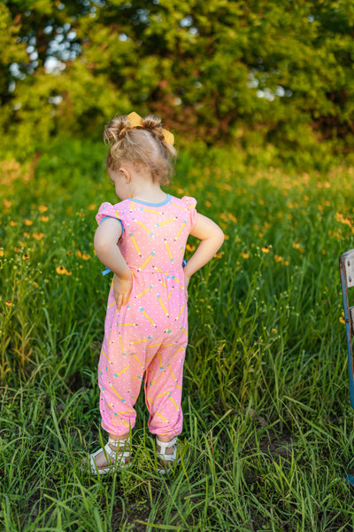 First Day Pink Knit Pencil Print Romper