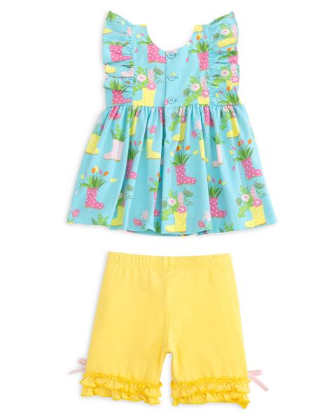 April Showers Rainboot Print Knit Flutter Top and Ruffle Shorts Set