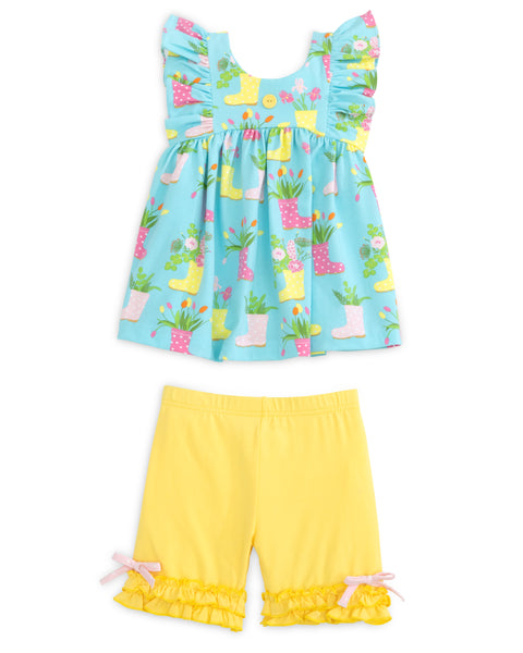 April Showers Rainboot Print Knit Flutter Top and Ruffle Shorts Set
