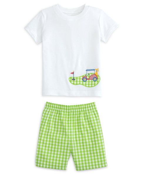 Fore! Boys' Knit Appliqued Golf Cart Shirt & Gingham Shorts Set