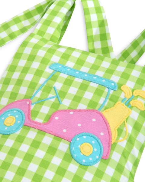 Fore! Girls' Tie Shoulder Gingham Bubble with Golf Cart Applique