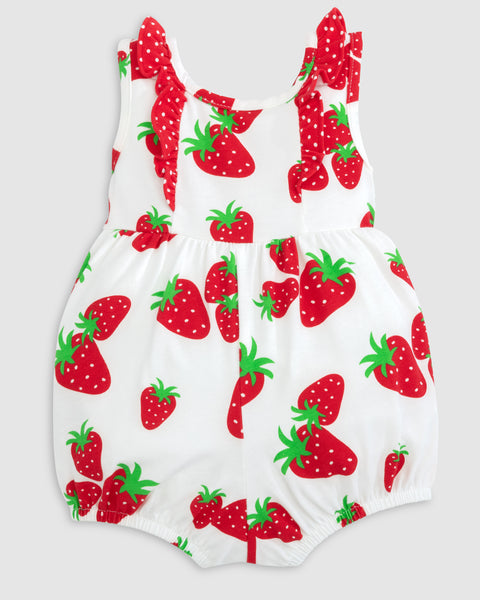 Knit Strawberry Print Ruffle Shoulder Bubble