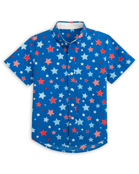 Make A Wish Boys' Short Sleeve Button Up Start Print Shirt