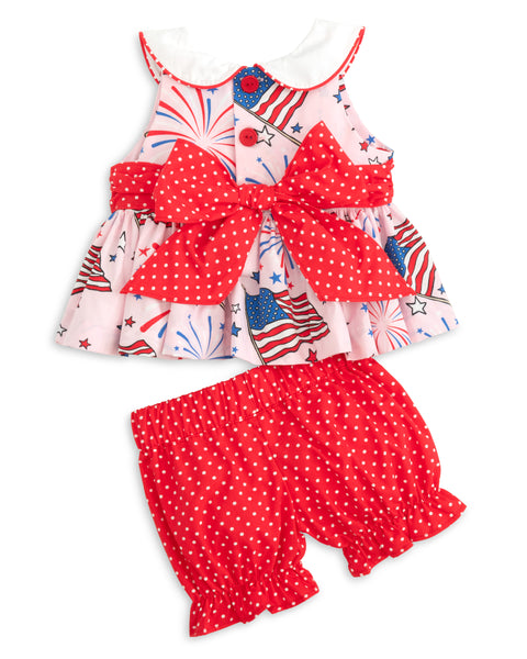 Fireworks Peter Pan Collar Flag Print Pink Top & Bloomer Set