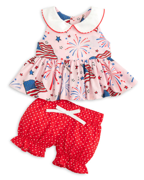 Fireworks Peter Pan Collar Flag Print Pink Top & Bloomer Set