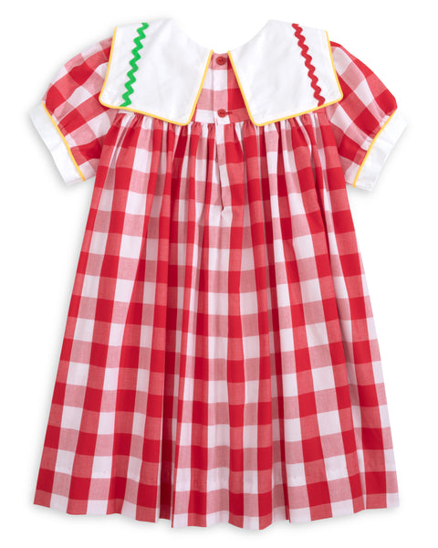 Scribble Red Gingham Bishop Collar Crayon Embroidery Dress