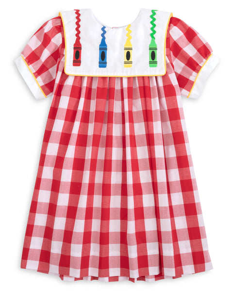 Scribble Red Gingham Bishop Collar Crayon Embroidery Dress