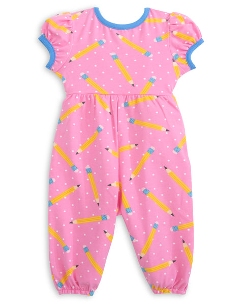 First Day Pink Knit Pencil Print Romper