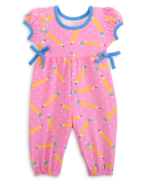 First Day Pink Knit Pencil Print Romper