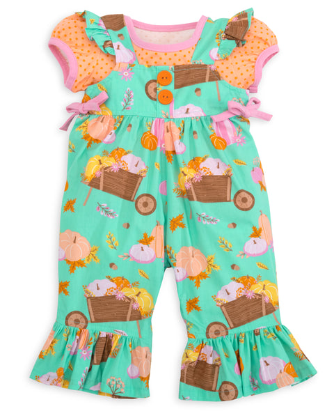Pumpkin Harvest Girls' Fall Print Ruffle Leg Romper & Knit Blouse Set