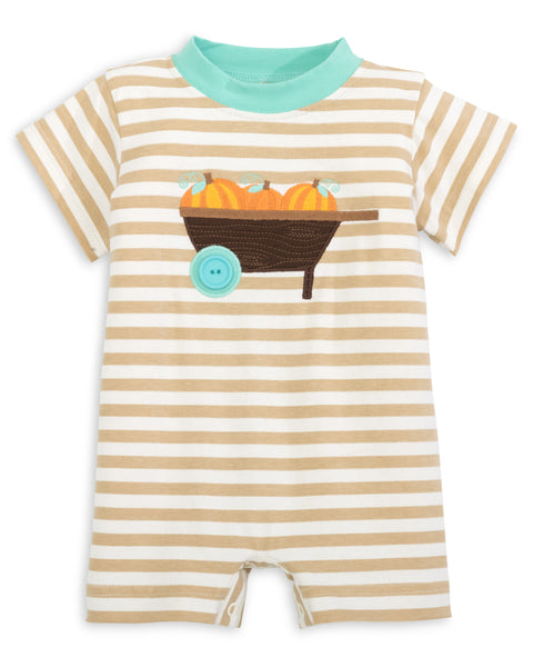 Pumpkin Harvest Boys' Tan Stripe Knit Romper with Pumpkin Wheelbarrow Applique