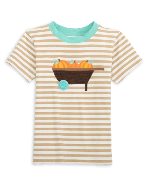 Pumpkin Harvest Boys' Tan Stripe Knit Shirt with Pumpkin Wheelbarrow Applique