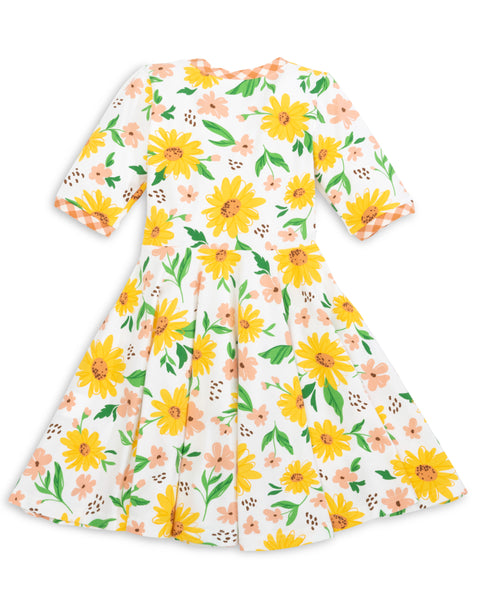 Sunflower Evenings Floral Print Knit Swing Dress with Pockets