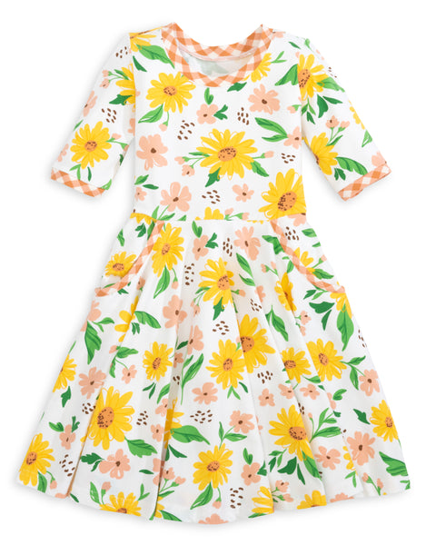 Sunflower Evenings Floral Print Knit Swing Dress with Pockets